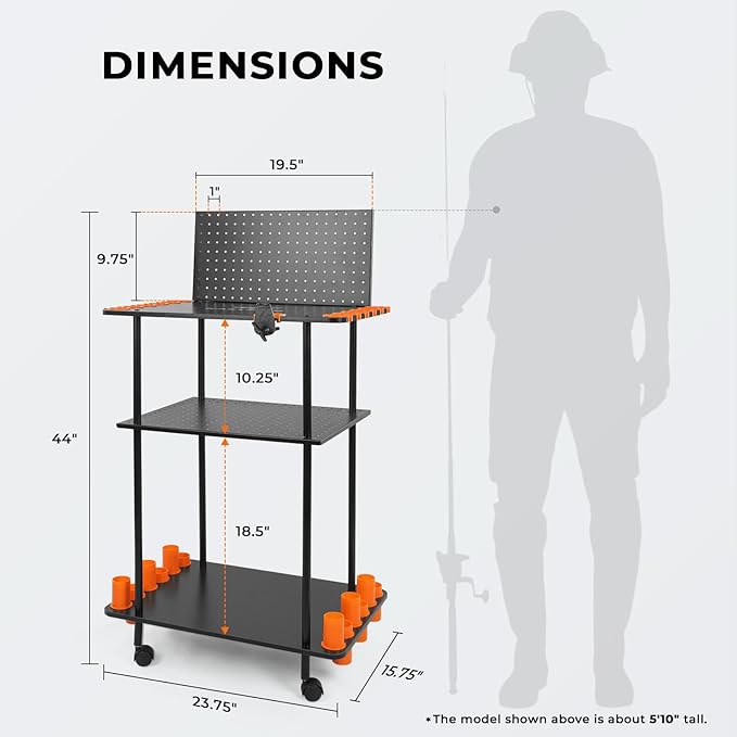KastKing V12 Gear Trolley, Indoor Fishing Rod Holder for 12 Combos, 3-Tier Fishing Rod Rack With Peg Wall, Patented Built-in Line Spooler, Mobile Tackle Storage Cart With Locking Wheels