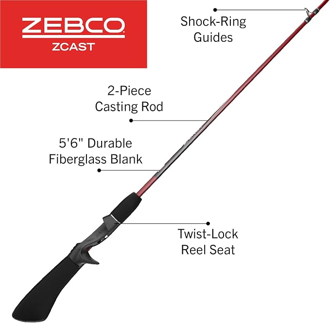 Zebco Z-Cast Casting Fishing Rod, 2-Piece Durable Z-Glass Fishing Pole, Comfortable EVA Rod Handle, Shock-Ring Guides