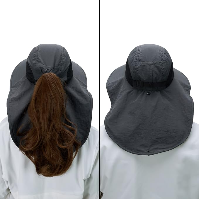 BASSDASH UPF 50+ Unisex Water Resistant Wide Brim Sun Hat with Large Neck Flap Ponytail Fishing Hat for Men Women