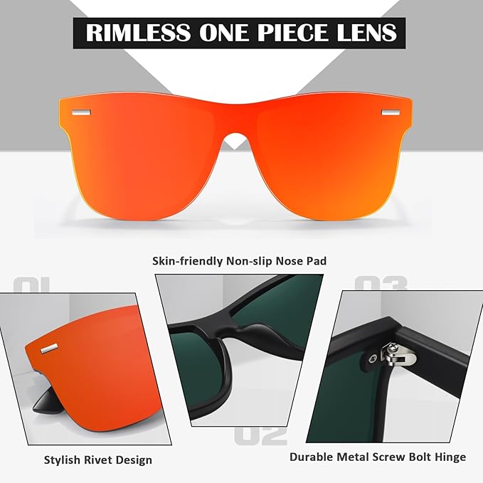 LINVO Trendy Polarized Mirrored Sunglasses Men Womens, Flat One Piece Reflective Shades for Driving Fishing UV400 Protection