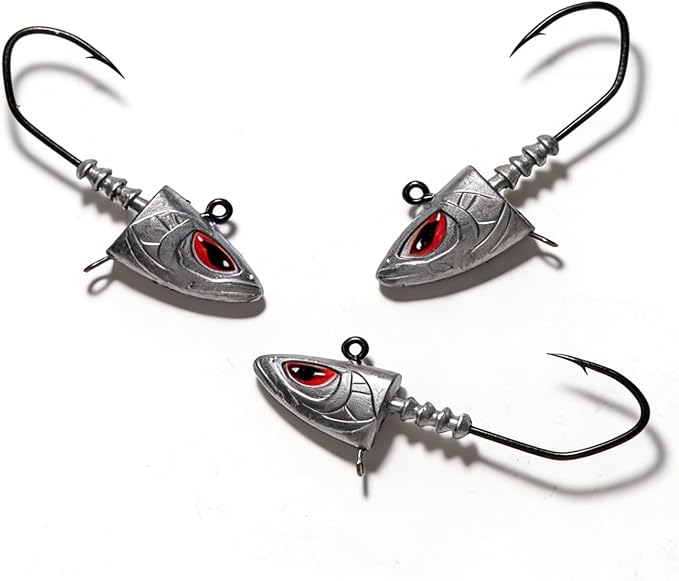 Saltwater Jig Heads 10 Pack, 3D Red Eyes with Bait Keeper & Belly Trailer Hole, 3/4oz to 1-3/4oz, 6/0 & 8/0 Hooks for Inshore Offshore Saltwater Fishing