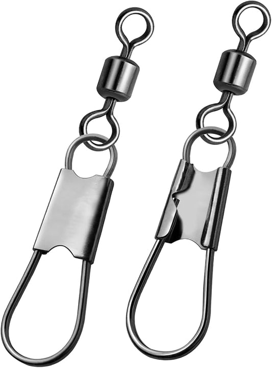 Fishing Snap Swivels & Barrel Swivels - 50 Pack Stainless Steel Corrosion-Resistant Saltwater/Freshwater Swivel Clips with Safety Interlock & Ball Bearing for Fishing Lures, Leader Lines