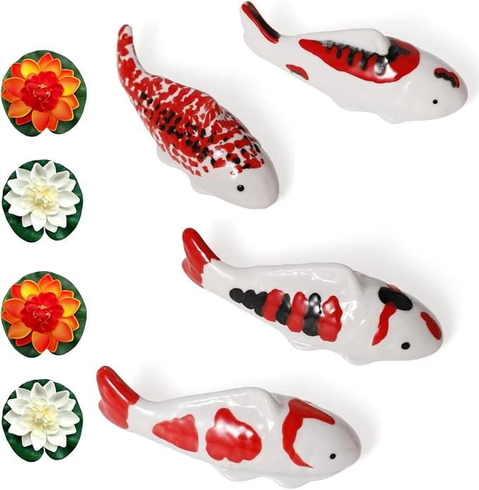 4PCS Ceramic Floating Koi Fish 4PCS Lotus Flowers Koi Pond Accessories Pond Decor Floating Aquarium Decor Birdbath Decor【Red Collection】