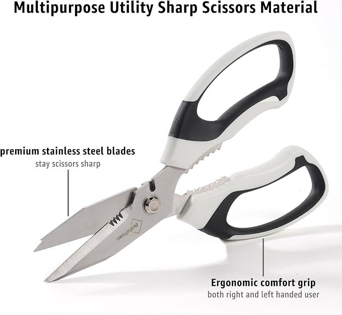 BoFuYuan 8-Inch Utility Scissors All Purpose Heavy Duty, Serrated Blade, White Comfort Grip for Cutting Carpet, Cardboard, Leather, Fabric, Multipurpose Sharp Shears for Kitchen, Garden, Office, Carft