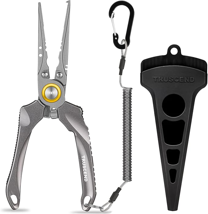 TRUSCEND Easy Use Lockable Fishing Pliers with Tungsten Carbide Cutter, Innovative Ergonomic Handy Handle, Saltwater Corrosion Resistant Teflon Coated Fishing Tool, Light Multi-Function Fishing Gear