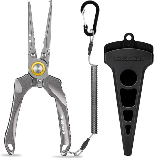 TRUSCEND Easy Use Lockable Fishing Pliers with Tungsten Carbide Cutter, Innovative Ergonomic Handy Handle, Saltwater Corrosion Resistant Teflon Coated Fishing Tool, Light Multi-Function Fishing Gear
