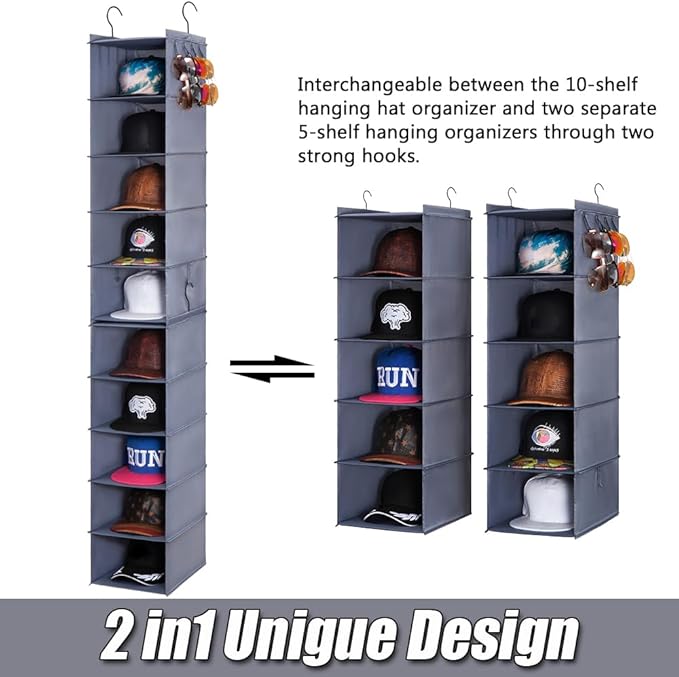 LADYBRO Baseball Cap Storage for Closet Hanging Hat Organizer Hat Rack 10-Shelf or 2 Pcs 5-Shelf, Trucker Dad Golf Cap Newsboy Container Display Hanger Holder Oxford Cloth Space Saver