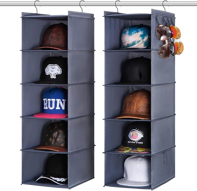 LADYBRO Baseball Cap Storage for Closet Hanging Hat Organizer Hat Rack 10-Shelf or 2 Pcs 5-Shelf, Trucker Dad Golf Cap Newsboy Container Display Hanger Holder Oxford Cloth Space Saver