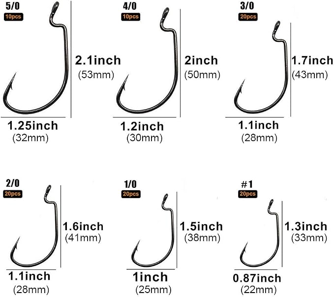 UCEC Fishing Hooks, 140PCS/ 100PCS/ 60PCS EWG Offset Worm Hooks Bass Hooks Wide Gap 2X Strong Senko Bait Texas Rig Jig Fish Hooks for Bass Trout Saltwater Freshwater Size:#4#2#1 1/0 2/0 3/0 4/0 5/0