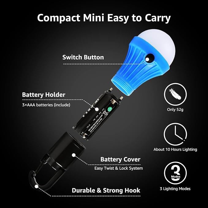 Lepro Portable LED Camping Lantern, Camping Essentials with 3 Lighting Modes, Hanging Tent Light Bulbs with Clip Hook for Camping, Hiking, Hurricane, Power Outages, Batteries Included, 4 Packs