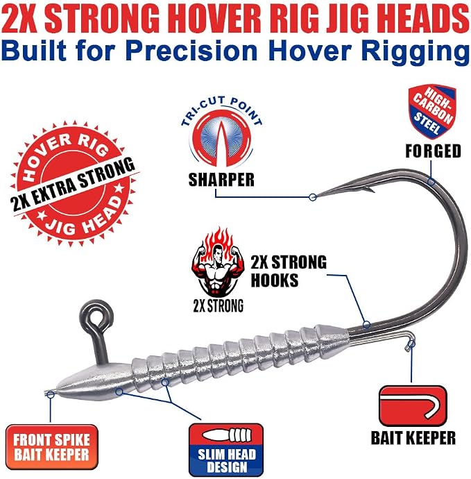 Hover Rig Jig Heads 12-Pack –2X Strong Weighted Swimbait Hooks for Bass Fishing– Freshwater Sizes #1 1/32oz to 3/0 1/8oz