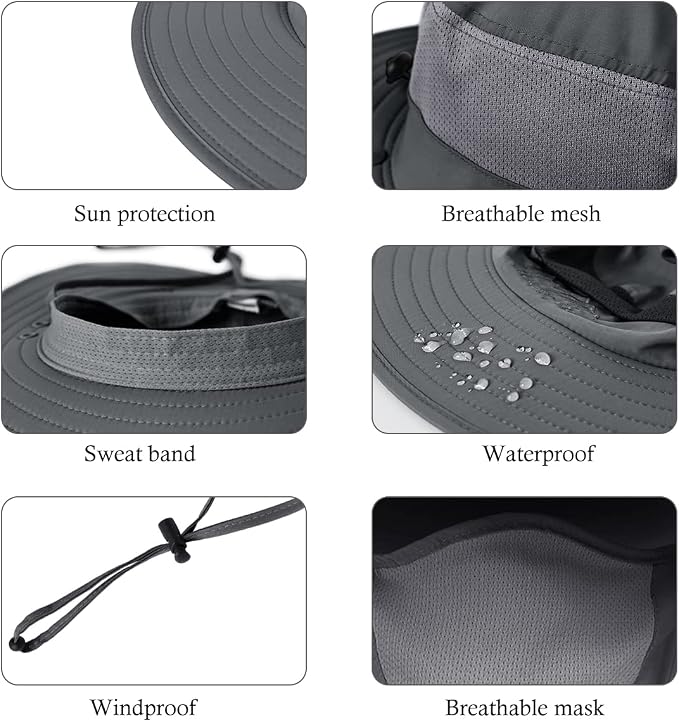 3 Pack Mens Outdoor Wide Brim Fishing Hat,UPF 50+ Sun Protection Cap with Face Neck Flap for Hiking & Garden