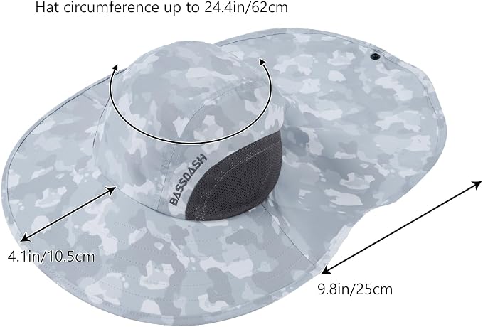 BASSDASH UPF 50+ Unisex Water Resistant Wide Brim Sun Hat with Large Neck Flap Ponytail Fishing Hat for Men Women