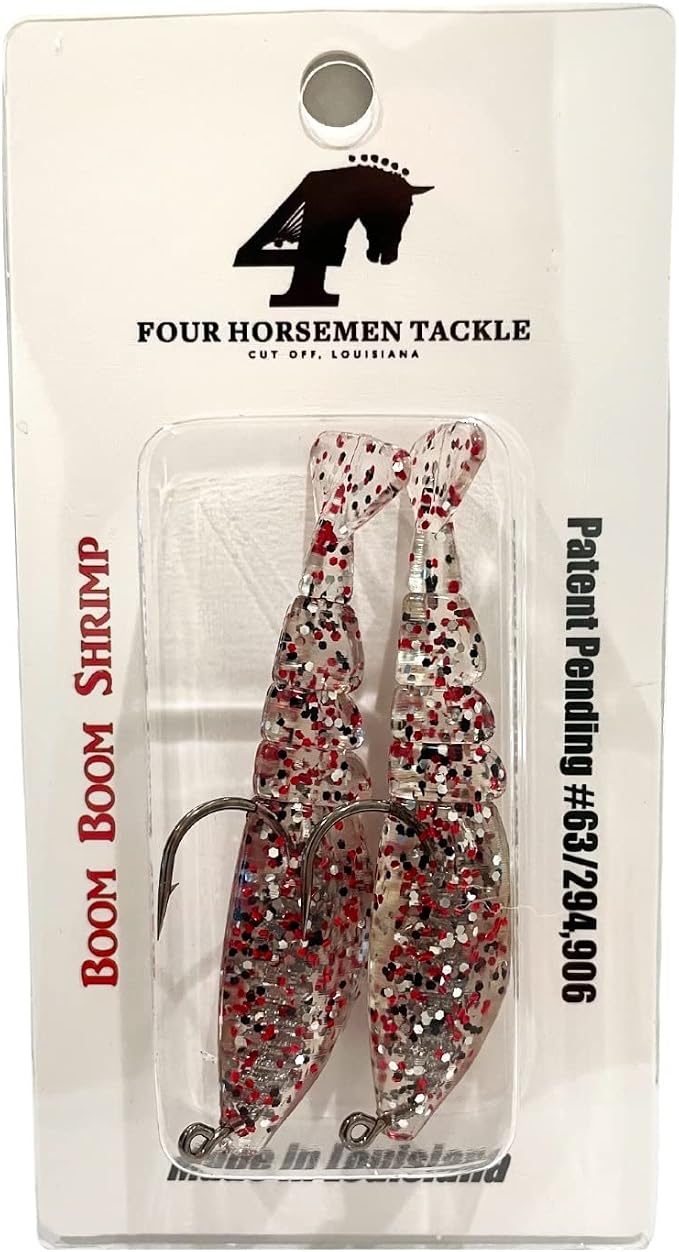 Four Horsemen Boom Boom Shrimp Plastic Bait Made in USA Saltwater Fishing Lures for Speckled Trout, Redfish - 1/8 Deathgrip Jighead Hook - Contains 2 Swimbaits