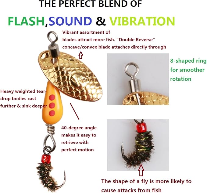 Trout Spinners - Fly Trout Fishing Lures for Bass Salmon Pike, Smallmouth Bass Lures with Brass Spinner for Lake River Fishing