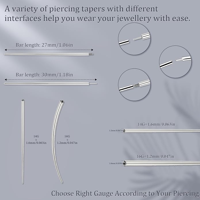 14G 16G 18G 20G Piercing Taper Piercing Ball Grabber Tool Stainless Steel Flat Back Earring Applicator Tool Threadless Insertion Pin Curved Body Piercing Kit for Ear/Nose/Navel/Lip/Eyebrow