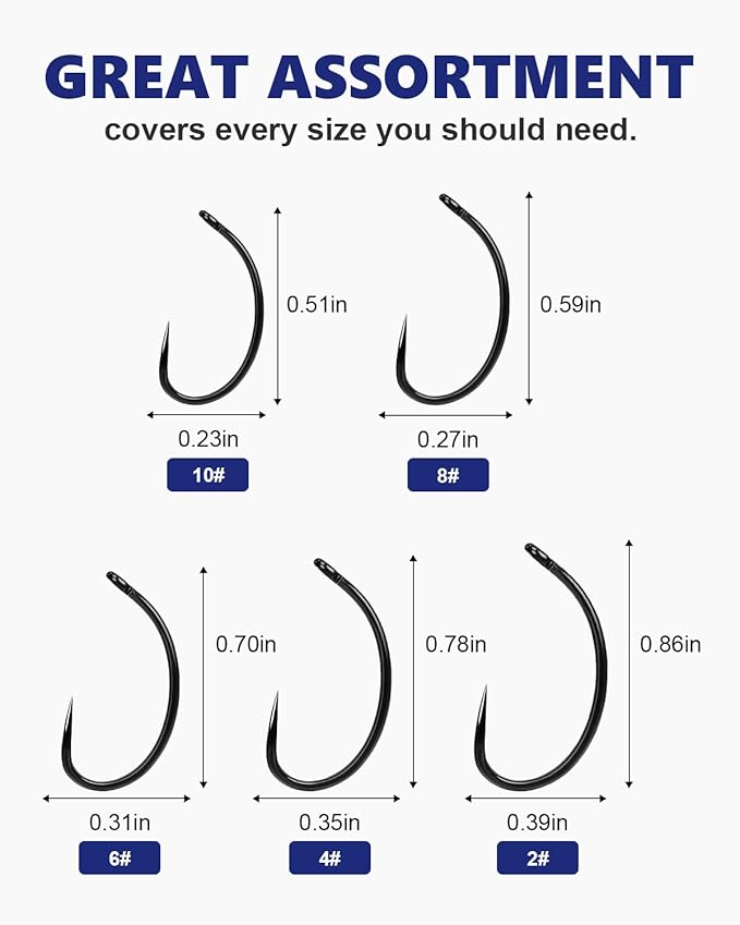 UCEC 190/220/260PCS Barbless Fishing Hooks, Carp Hooks Circle Curve Shank Fly Tying Fishing Hook Tackle Kit for Freshwater Saltwater Hair Rig Trout Size: 2# 4# 6# 8# 10#