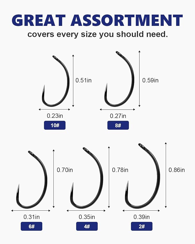 UCEC 190/220/260PCS Barbless Fishing Hooks, Carp Hooks Circle Curve Shank Fly Tying Fishing Hook Tackle Kit for Freshwater Saltwater Hair Rig Trout Size: 2# 4# 6# 8# 10#
