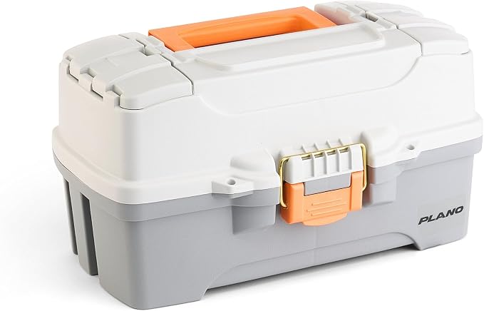 Plano Two-Tray Tackle Box, Light Grey/Dark Grey, Rust-Proof Brass Latch, Top-Access Tray with Deep Storage, Made in the USA, Portable Fishing Gear Storage Organizer