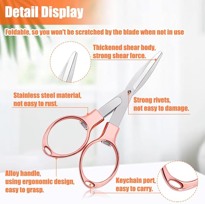 2PCS Folding Scissors, Portable Travel Scissor, Gift for Men Glasses Shaped Mini Shear Telescopic Cutter, Anti Rust Stainless Steel Scissors for Fishing Sewing Home Office (Rose Gold, Gold)