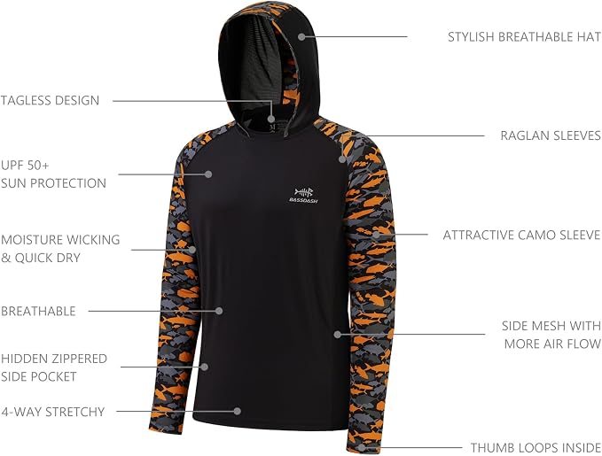 BASSDASH Men’s UPF 50 Performance Fishing Shirt Cooling Hoodie Camo Long Sleeve FS17M