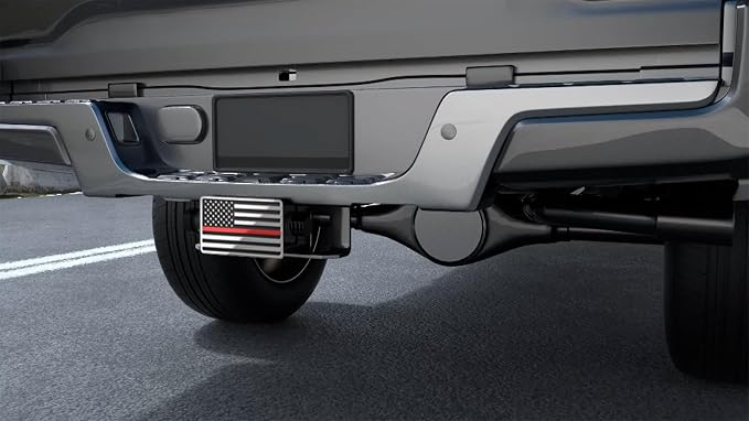 Heavy American Flag Metal Trailer Hitch Cover for 2" inch Receivers,Tow Hitch Covers 2 Inch for Truck Accessories (with 5/8-Inch Pin Diameter Trailer Hitch Lock, Chrome&Thin Red Line)