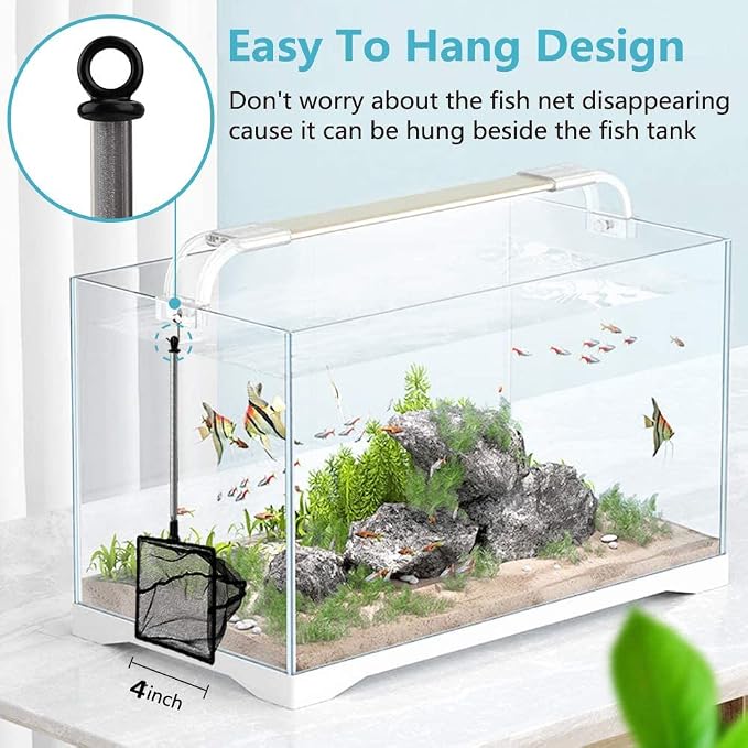 Fish Net for Fish Tank, Fine Mesh Aquarium Net with 9-24 Inch Stainless Steel Long Handle, Extendable Fishing Tank Net for Fish Shrimp Tank, Pond, Creek (4 inch)