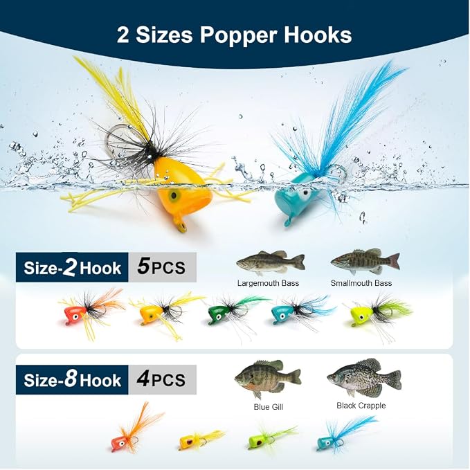 9 pcs Fly Fishing Popper Lures Kit, 2 Sizes Topwater Fishing Lures for Bass Panfish Bluegill Crappie for Freshwater and Saltwater, 2026 New Year Gift for Fishing Lover