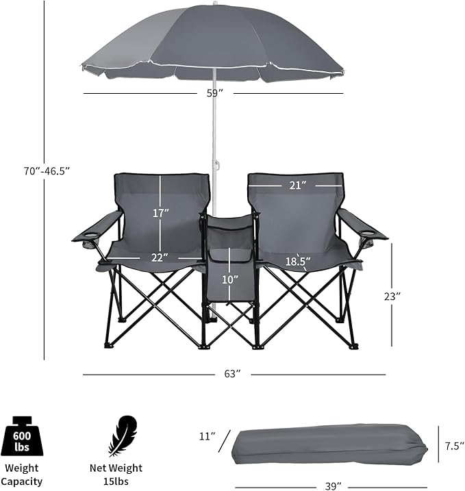 Tangkula Double Camping Chairs with Umbrella, Portable 2 Seat Folding Camp Chair with Cooler Bag, Beverage Holder, Carrying Bag, Foldable Lawn Chair for Outside, Fishing, Picnic, Beach