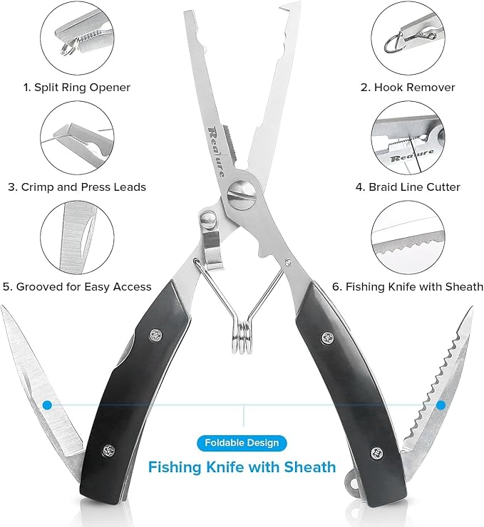 Realure 3‑Piece Saltwater Fishing Pliers Tool Kit, 420 Stainless Steel Split Ring Pliers with Forceps & Hook Remover, Line Cutter Fishing Gear with Lanyard & Sheath for Freshwater & Saltwater Angling