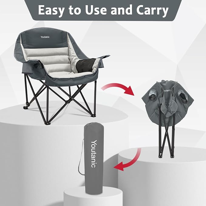 Youtanic Oversized Extra Large Padded Camping Chair, up to 400lbs, Folding Camping Chairs with Pocket, Carry Bag, Heavy Duty Outdoor Camp Chairs for Adults, Fishing, Sports, Trip, Light Gray-Gray