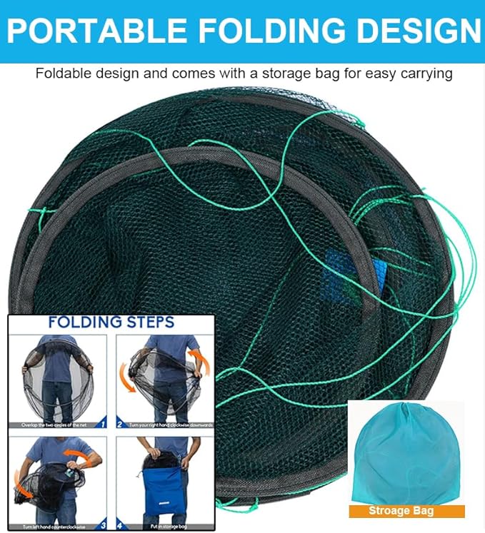 Foldable Fishing Net, Nylon Minnow Trap Crab Trap Crab Net, Drop Net for Pier Fishing, Drop Nets for Pulling Up Fish with Rope, Portable Bridge Fishing Nets for Minnows Crawfish Shrimp