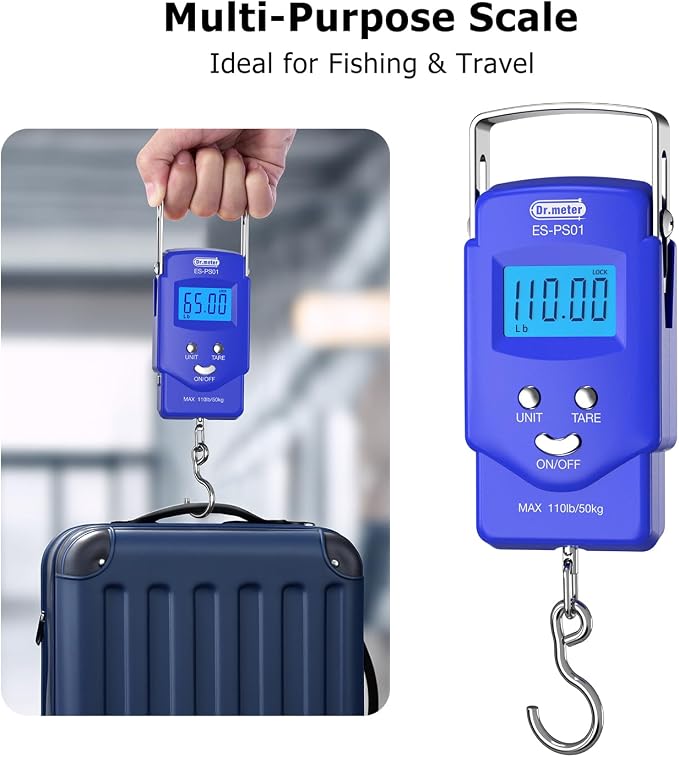 Dr.meter Fish Scale Luggage Scale Fishing Gear - 110lb Backlit LCD Display Digital Scale with Built-in Measuring Tape - Fishing Scale with 2 AAA Batteries, Pocket Size - Fishing Gifts for Men