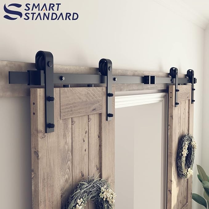 SMARTSTANDARD 7 FT Double Barn Door Hardware Kit, Sliding Door Track-Smoothly and Quietly -Includes Detailed Installation Fit 21" Wide Doorpanel (J Shape Hanger) Black