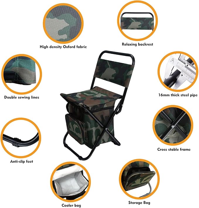 LEADALLWAY Fishing Chair with Cooler Bag Compact Fishing Stool Foldable Small Hunting Chair 12.2" Seat Depth,12.6" Seat Width