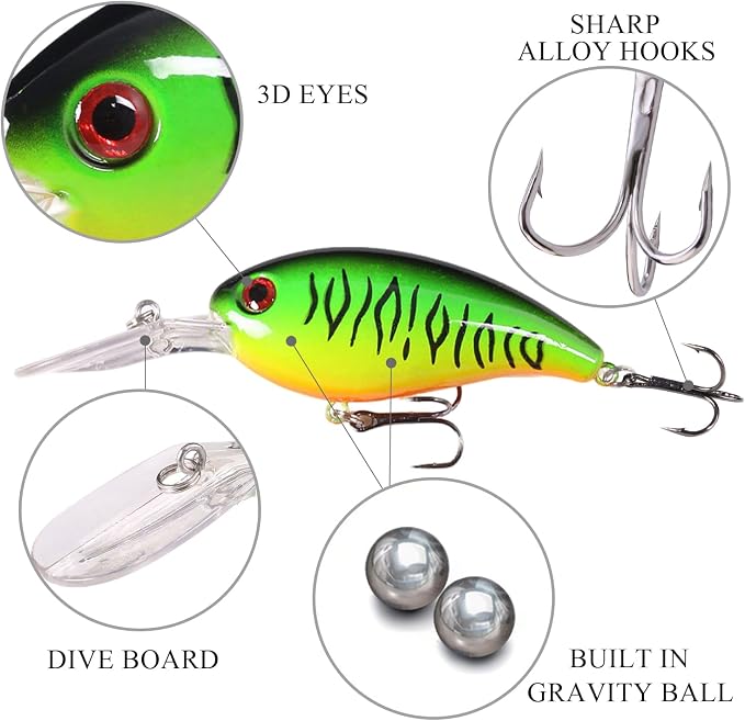 Crankbait Lures Kit, 8-Pack Lifelike Hard Swimbaits with Diving Lip for Bass Fishing, Assorted Colors, Freshwater Saltwater Fishing Gear for Bass, Trout, Pike