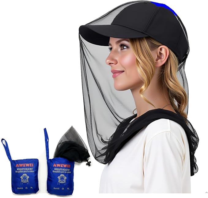 Mosquito Head Net, 2 Pack Ultra Fine Ice Silk Cooling Breathable Soft Large Long Mesh for Outdoors, Fits Most Hats