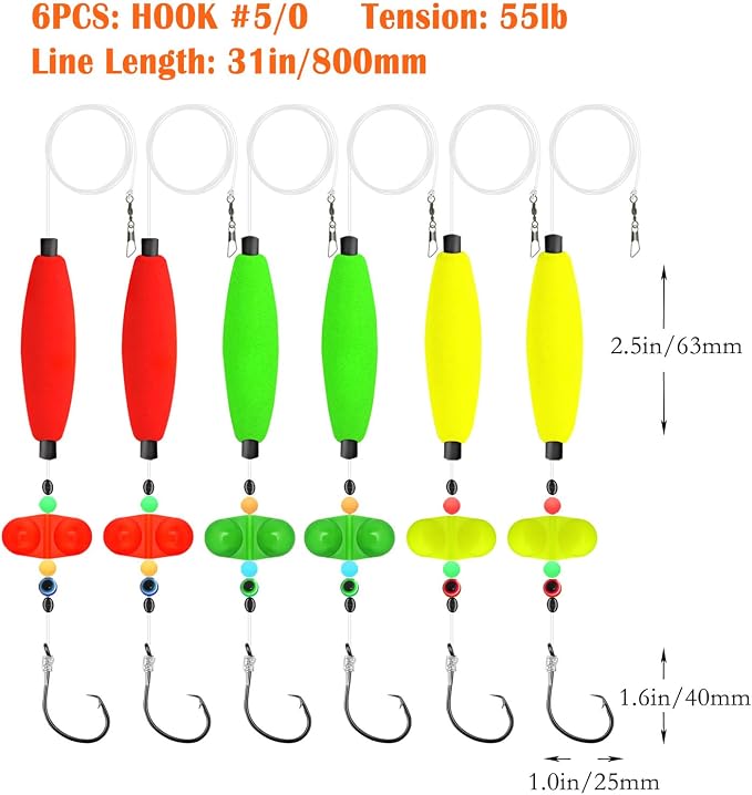 Catfish Rigs & Santee Rig Kit – 6pcs Pre-Tied Catfish Float Rigs with 5/0 6/0 7/0 Circle Hooks, Peg Floats – Heavy Duty Catfishing Tackle for Bank, Drift, or Bottom Fishing