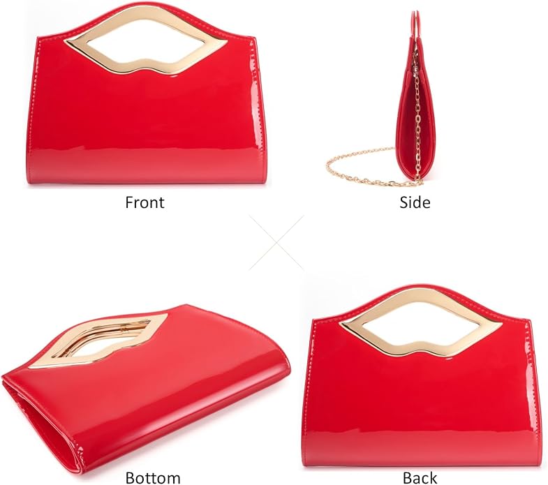 DETARA Patent Leather Evening Clutch Purse for Women Lip Metal Grip Handle Handbag for Cocktail Party Prom