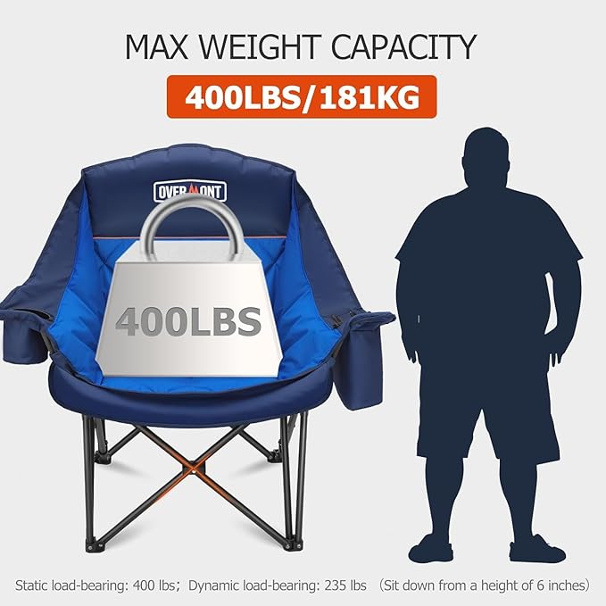 Overmont Oversized XL Camping Chair for Adults - 500lbs Support Heavy-Duty Padded Folding Chair with Side Pocket Cup Holder Cooling Bag for Outdoor Sports Garden Beach Fishing Lawn Blue 2pcs