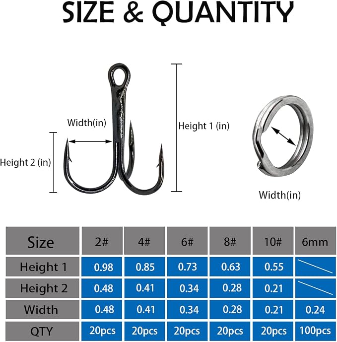 200 Pack Fishing Treble Hooks Kit High Carbon Steel Hooks Strong Sharp Round Bend with Split Rings for Lures Baits Saltwater Freshwater Fishing Size 2# 4# 6# 8# 10#