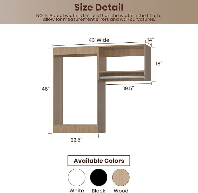 ROOMTEC Modular Closet System, 43" Wall-Mounted Closet Organizer with Hanging Rods, Wooden Tower for Walk-In Closets, Wardrobe Storage Kit, Wood