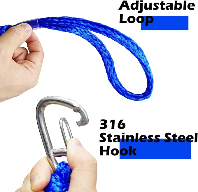 Boat Bungee Dock Lines – Adjustable Boat Tie Downs for Pontoon, Jet Ski, PWC, Kayak | Single Hook Small Cruiser Mooring Lines | (1, Blue, 7 Feet)