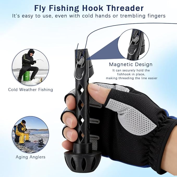 zxbaers 2PCS Magnetic Fly Threader & Knot Tying Tool, Fly Fishing Hook Threader with Curved Lure Pliers and Gloves, Knot Assist for Threading Hooks, Works with Most Hooks, tippets, and Fly Styles