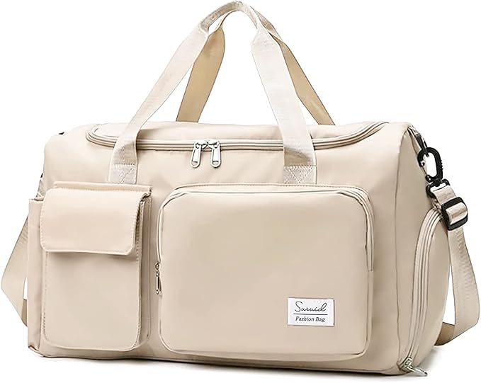 Suruid Sports Gym Bag with Shoes Compartment Travel Duffel Bag with Dry Wet Separated Pocket for Men and Women, Overnight Bag Weekender Bag Training Handbag Yoga Bag - Off White