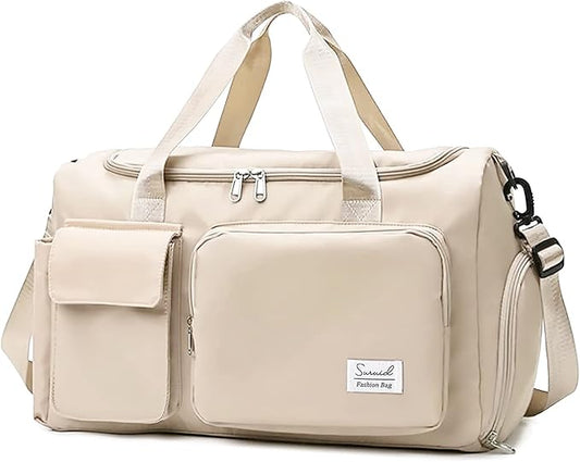 Suruid Sports Gym Bag with Shoes Compartment Travel Duffel Bag with Dry Wet Separated Pocket for Men and Women, Overnight Bag Weekender Bag Training Handbag Yoga Bag - Off White