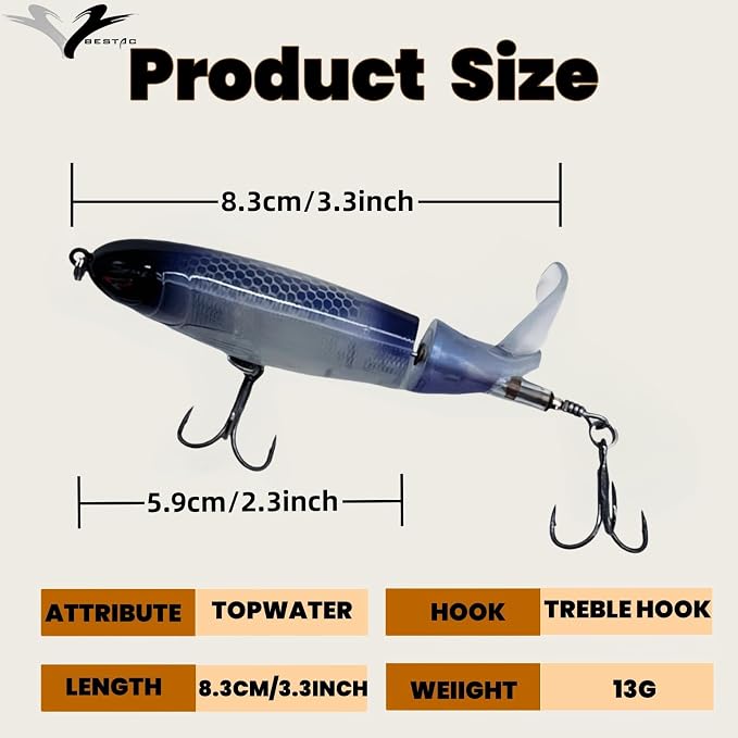 Bestac Topwater Fishing Lures Set Popper Lures for Bass Catfish Pike Perch Bass Lures with Floating Rotating Tail Artificial Hard Bait Multiple Colors