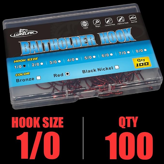 Baitholder Fishing Hooks 100 Pack - Double-Barbed Long Shank for Bluegill Bass Trout Walleye Black/Red, 8/0-#8