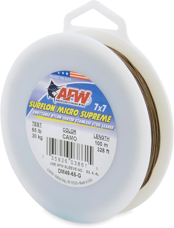American Fishing Wire Surflon Micro Supreme Nylon Coated 7x7 Stainless Steel Leader Wire - Knottable Wire Leaders for Fishing Saltwater, Fly Fishing, 13lb Test - 90lb Test, Bright, Black & Camo Colors