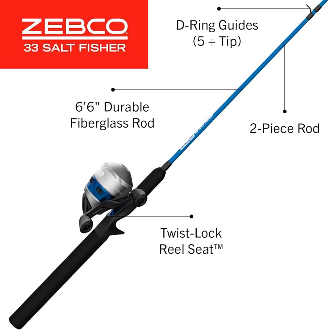 Zebco Salt Fisher 33 Spincast Reel and Fishing Rod Combo, 6-Foot 6-Inch 2-Piece Medium-Heavy Power, Moderate-Fast Action Fiberglass Rod, Interchangeable Retrieve, 12-Pound Line, Blue/Silver